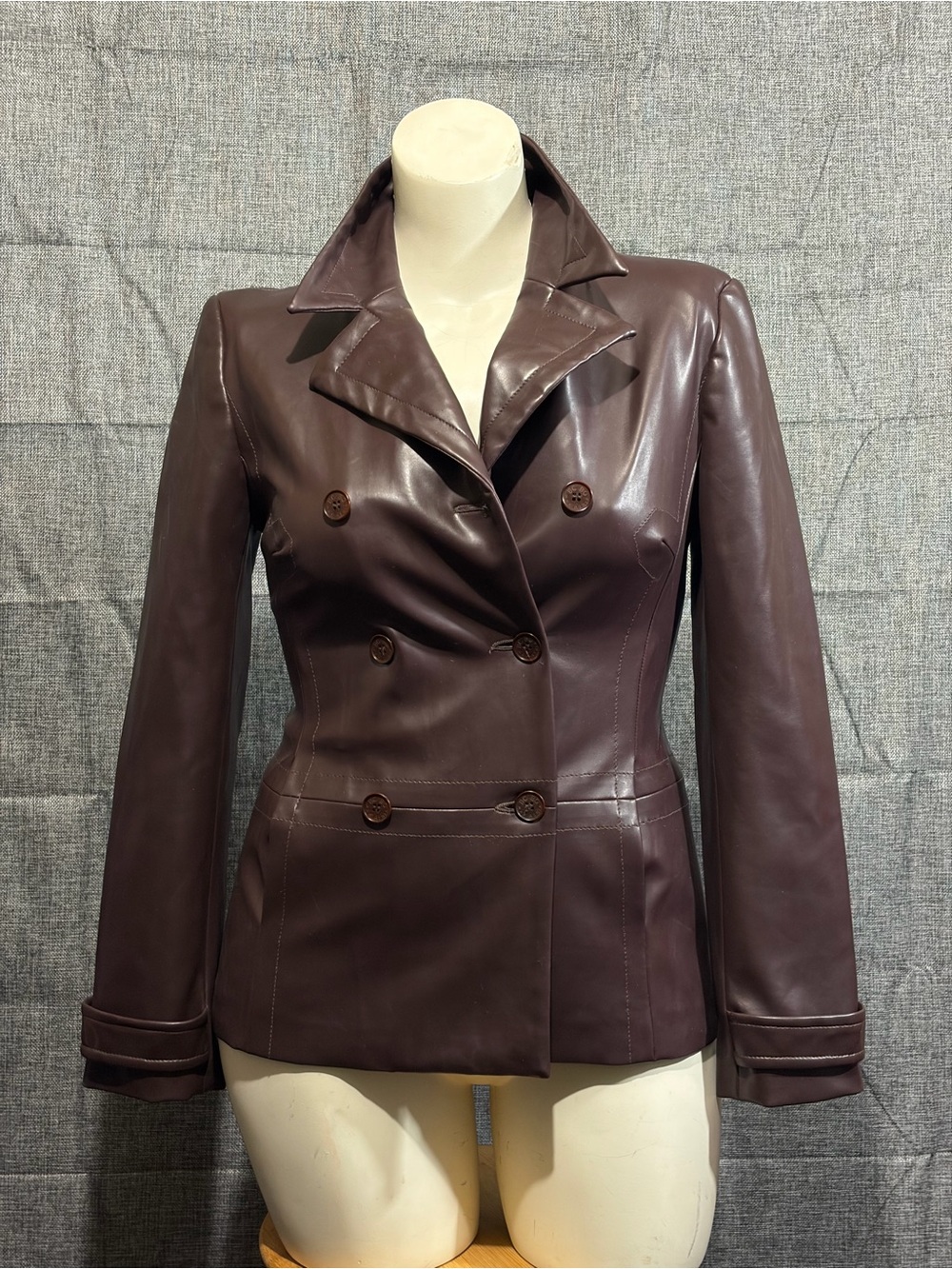 BCBG MAX AZRIA Vintage 90s Y2K Choco Brown Double-Breasted PU Leather Jacket 8